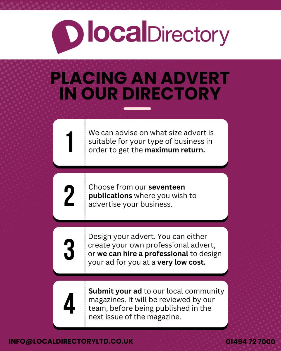 localdirectory2's tweet image. Step-by-step guide from Local Directory on how to place an advert in their community publications — from ad size advice to design and submission.

Start promoting your business today by contacting info@localdirectoryltd.co.uk or calling 01494 72 7000

#LocalDirectory #Advert
