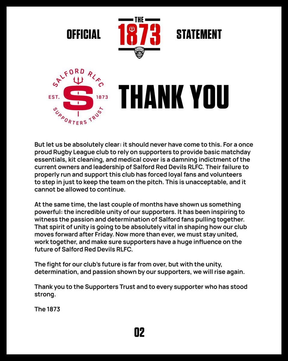 The Supporters’ Trust have shown the spirit of Salford with their financial support. We thank them deeply, but let’s be clear: it should never have come to this. 

The 1873