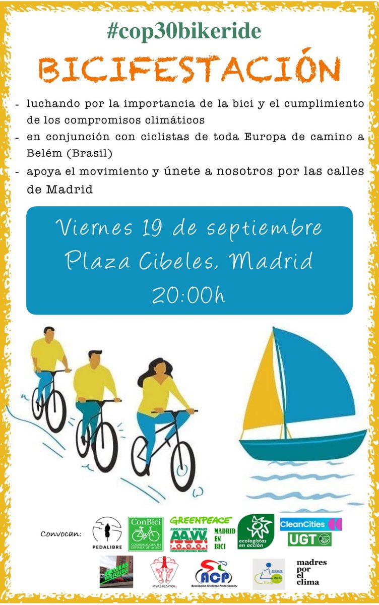 Hoy #Bicifestación19S
⏰️ 20h
📍Pl. Cibeles
¡Te esperamos!
💪🚲♥️🌎
#Cop30BikeRide
#RedCiclistaYa
pedalibre.org/2025/09/05/bic…