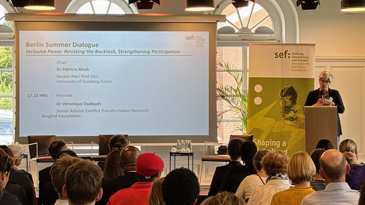 BerghofFnd's tweet photo. Our Senior Advisor Véronique Dudouet gave a key note address at @sefbonn's Berlin Summer Dialogue.
She highlighted the need to strengthen inclusive participation in #PeaceProcesses in times of shrinking civic space and a growing global backlash against equality and human rights. https://t.co/QXgVs0vcpJ