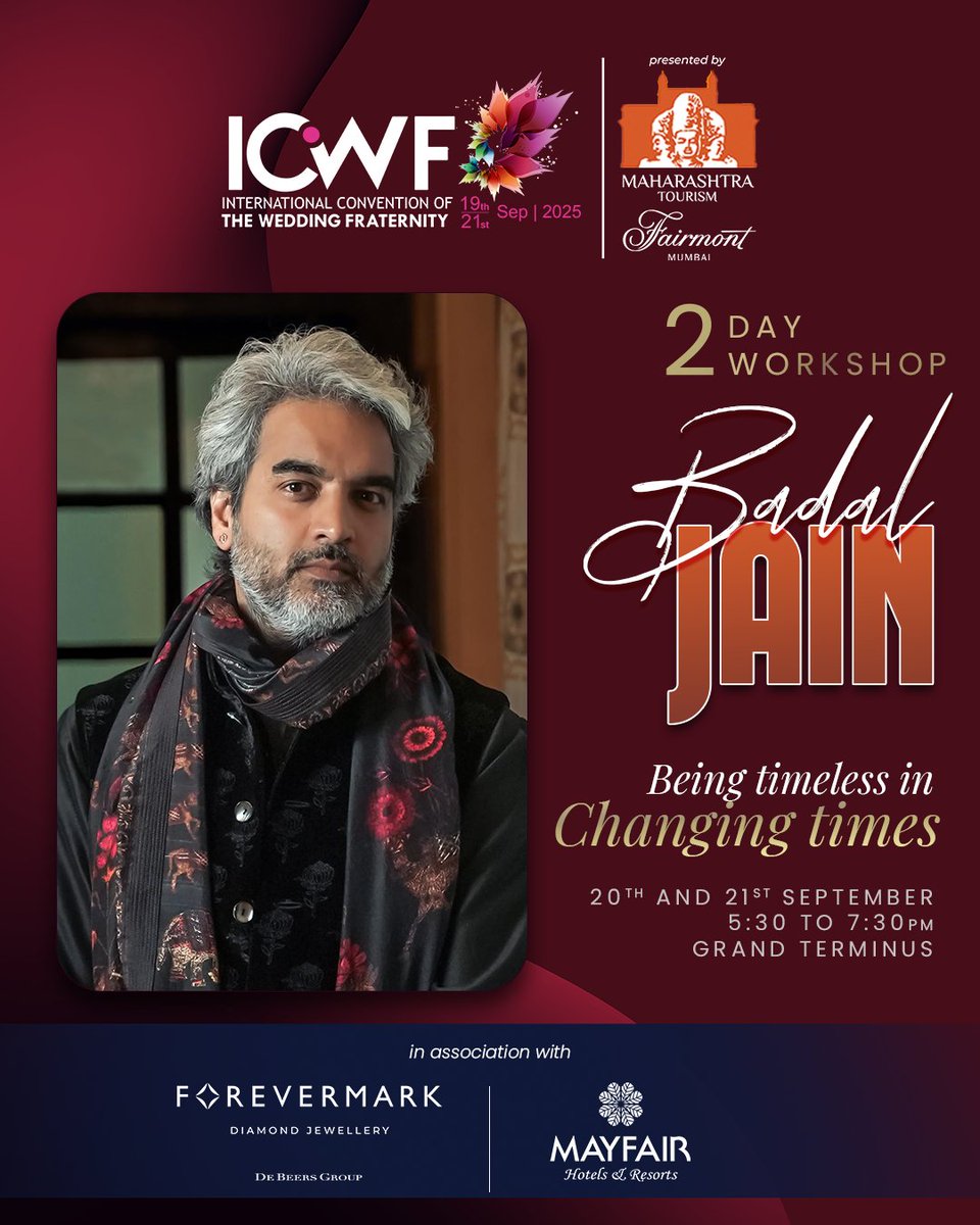 Announcing a 2-Day Workshop at #ICWF2025 with the renowned artist Badal Jain (<a href="/badal/">badal</a>.brc) of Badal Raja Co.!

Join his 'Being timeless in Changing times' session starting TOMORROW (Sept 20-21) to learn how to craft powerful and enduring wedding imagery.

#BadalJainWorkshop