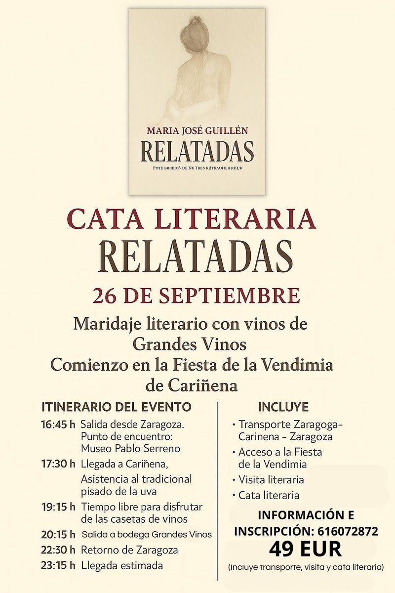 ¡Una semana! Eso queda para que #Relatadas viva una gran cita: una cata literaria de la mano de <a href="/GrandesVinos_CA/">Grandes Vinos</a> . El próximo 26 de septiembre algunas de las protagonistas de los #relatos de mi libro quedarán vinculadas para siempre con un #vino #FiestaDeLaVendimia #Cariñena