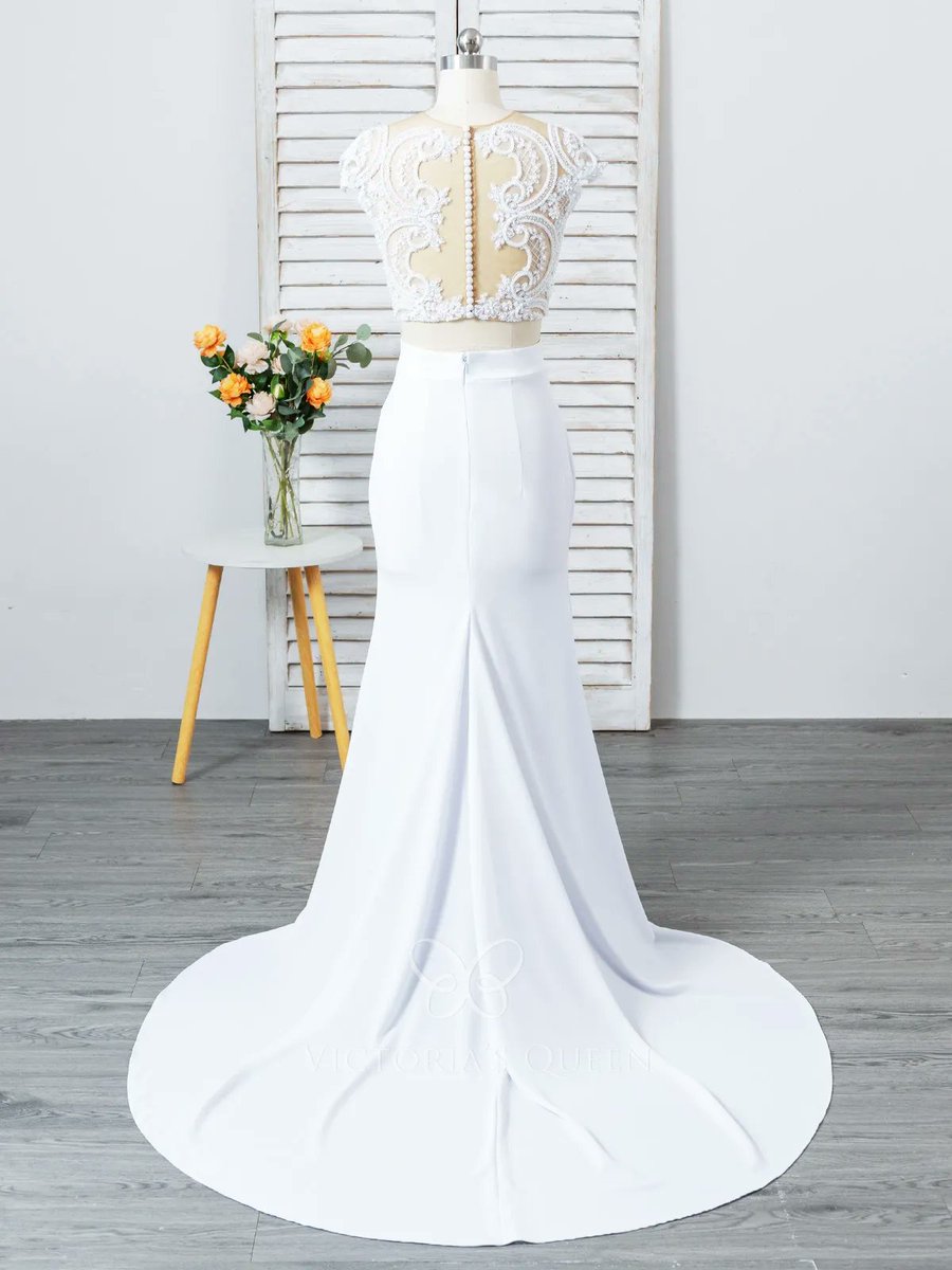 VQ_dresses's tweet photo. Illusion neck cap sleeves intricate lace crop top, two-piece white satin long mermaid spring/summer casual informal destination wedding dress with side slit and chapel train.
#twopieceweddingdress #lace #destination #beach #weddingdress #VictoriasQueen https://t.co/qjLULFLs0a