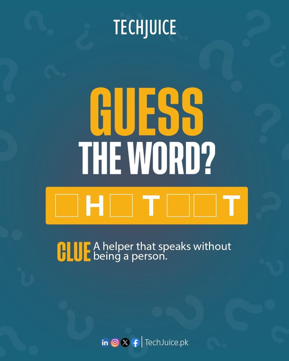 TechJuicePk's tweet image. Can you crack the code? 
Clue: A helper that speaks without being a person 👀
Drop your answer in the comments ⬇

#techjuice #techquiz #riddle #guessgame #funfriday #techfacts #didyouknow