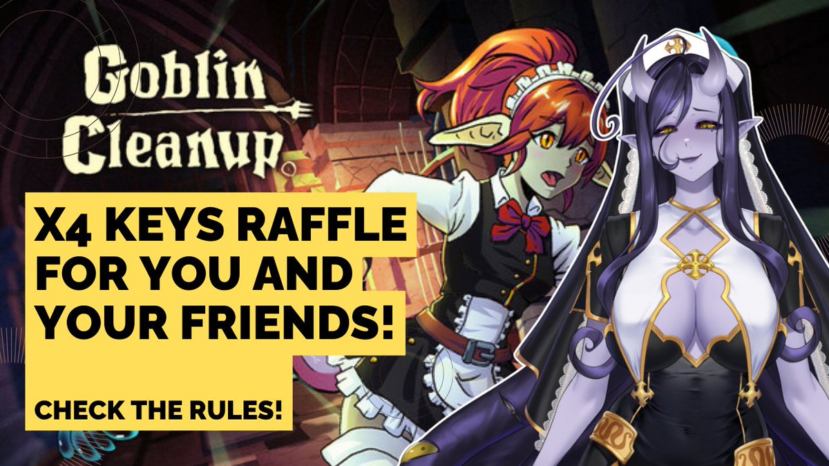 🎁 RAFFLE 🎁

To celebrate the amazing launch of Goblin Cleanup
I'm raffling x4 keys for you and 3 friends to drag with you into the dungeons! 🫵

- 🔃 Retweet
- 💬 And comment x3 friends you'll be playing with!

Rules below!
PLEASE READ! 💜

Winners announced Sunday 21st ! 💜