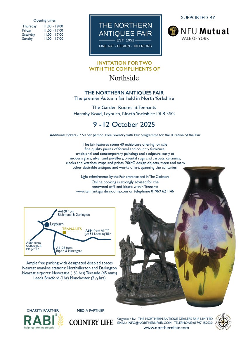 Free tickets to The Northern Antiques Fair - Thursday 9th to Sunday 12th October 2025 🎉

Use this ticket for FREE entry for two compliments of Northside Magazine

Read more about the event here 👇 
bit.ly/3VYGfv2