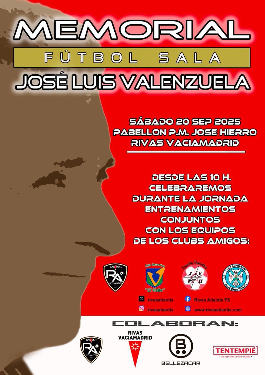 rivasatlantis's tweet photo. 📢 Memorial Fútbol Sala José Luis Valenzuela📢
🗓 Sábado 20/09/25 – 10h
📍 Pabellón P.M. José Hierro (Rivas Vaciamadrid)
Entrenamientos conjuntos con clubes amigos ⚽️
@CDEElValle @ParqueH @cdsancris
#VamosAtlantis #JuntosSomosEquipo #123Atlantis #RAFS https://t.co/v5lDrsnXRg