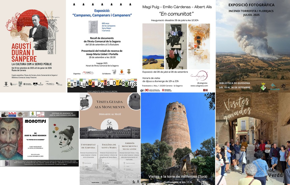Som Segarra (@somsegarra) on Twitter photo Sense plans per al cap de setmana? #festesmajors #isagoge #aplec #teatre #concerts #festa #expos i #visites, acomiadem l'#estiusegarra!
<a href="/lasegarra/">La Segarra</a> <a href="/paeriacervera/">Paeria de Cervera</a> <a href="/brufaganya/">Nits Musicals Brufaganya</a> <a href="/museudecervera/">Museu de Cervera</a> <a href="/TurismeGuissona/">Oficina de Turisme de Guissona</a> <a href="/CConcabella/">Castell de Concabella</a> <a href="/BiblioGuissona/">Biblioteca Guissona</a> <a href="/Espitllera/">L'Espitllera Fòrum d’Estudis Segarrencs (EFES)</a>
ℹ️ visit.somsegarra.cat Sense plans per al cap de setmana? #festesmajors #isagoge #aplec #teatre #concerts #festa #expos i #visites, acomiadem l'#estiusegarra!
<a href="/lasegarra/">La Segarra</a> <a href="/paeriacervera/">Paeria de Cervera</a> <a href="/brufaganya/">Nits Musicals Brufaganya</a> <a href="/museudecervera/">Museu de Cervera</a> <a href="/TurismeGuissona/">Oficina de Turisme de Guissona</a> <a href="/CConcabella/">Castell de Concabella</a> <a href="/BiblioGuissona/">Biblioteca Guissona</a> <a href="/Espitllera/">L'Espitllera Fòrum d’Estudis Segarrencs (EFES)</a>
ℹ️ visit.somsegarra.cat