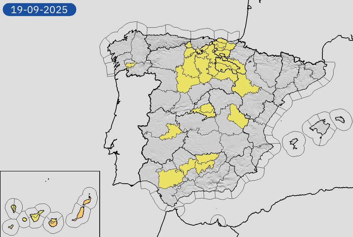 19/09 11:06 Avisos activos hoy en España por tormentas, polvo en suspensión, temperaturas máximas y lluvias. Nivel máximo de aviso: naranja.
Actualizaciones en aemet.es/es/eltiempo/pr…