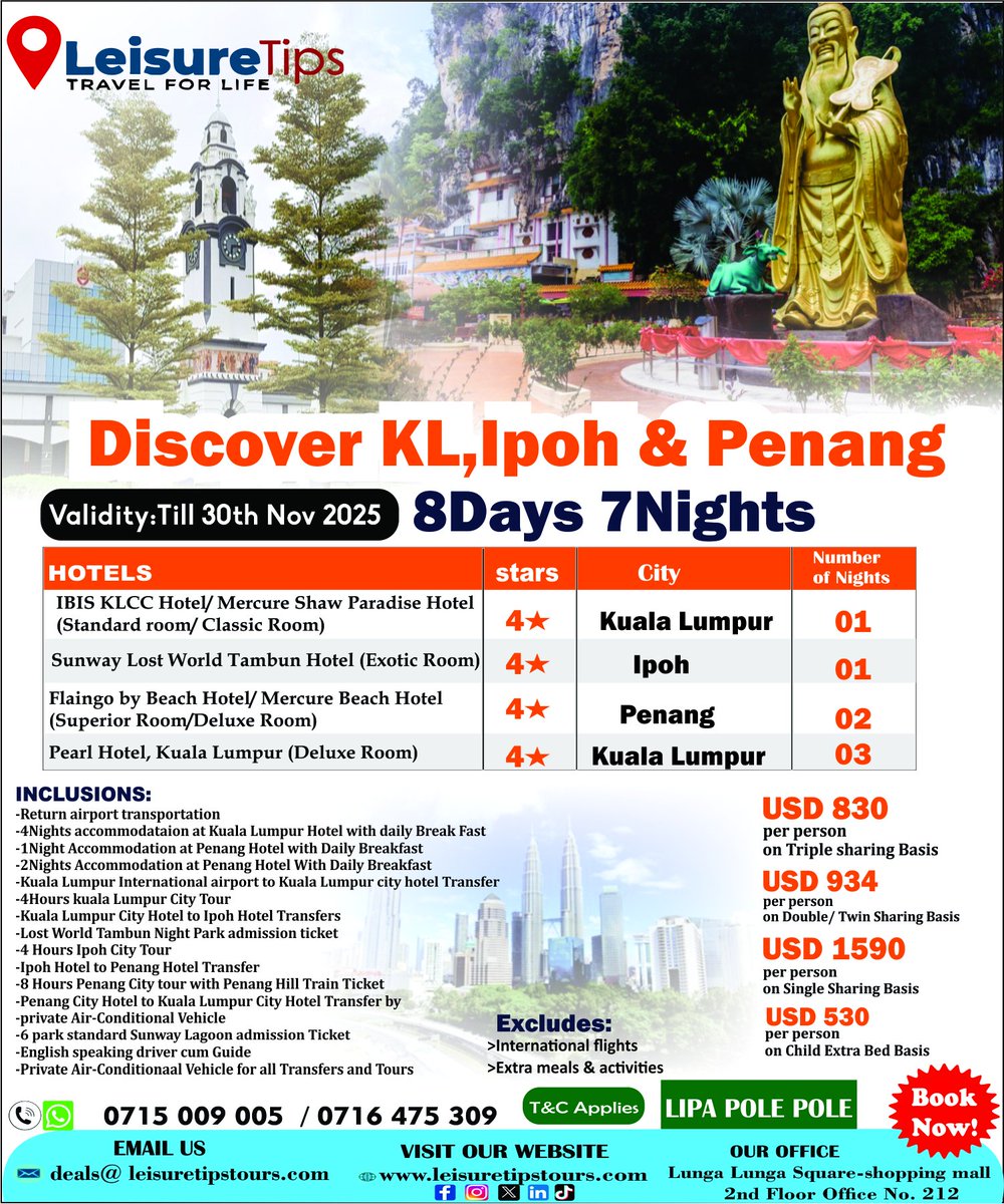 🎯 Discover #Malaysia in 8 Days, 7 Nights!
From the vibrant streets of #KualaLumpur, the cultural gems of #Ipoh, to the sandy beaches of #Penang – this trip has it all! 🏙️🌴⛩️

✅ 4★ Hotel Accommodation
✅ Daily Breakfast
✅ City Tours &amp; Excursions
✅ Return Airport Transfers
✅