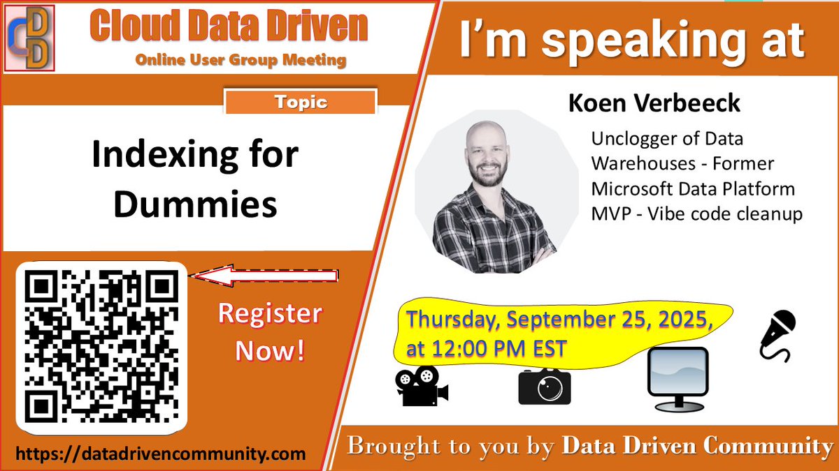 Ko_Ver's tweet image. Next Thursday, free online session about Indexing #sqlserver