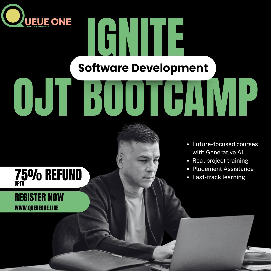 queueonee's tweet image. IGNITE OJT BOOTCAMP – Software Development
Future-focused training with Generative AI integration.
Special Offer: Get up to 75% refund on fees after successful placement.
#QueueOne #IgniteBootcamp #OJT #FutureSkills #GenerativeAI #SoftwareDevelopment #FullStack #MERNStack