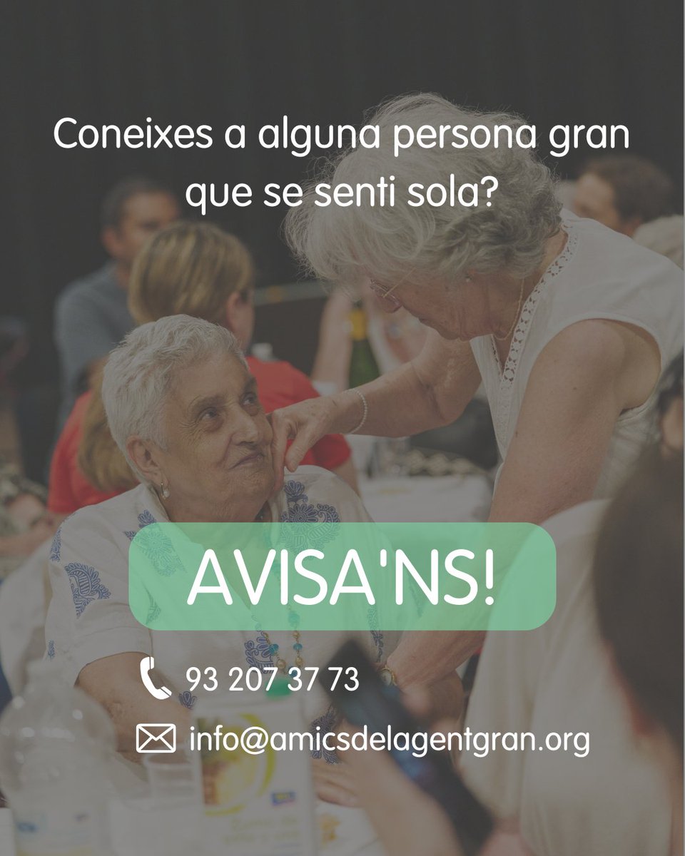 🆘 Sabies que moltes persones grans viuen en situació de soledat no desitjada?

A la Fundació treballem perquè ningú s’hagi d’enfrontar a aquesta realitat en silenci 💙

Si coneixes alguna persona gran que necessiti companyia, suport o algú amb qui conversar, som aquí per ajudar
