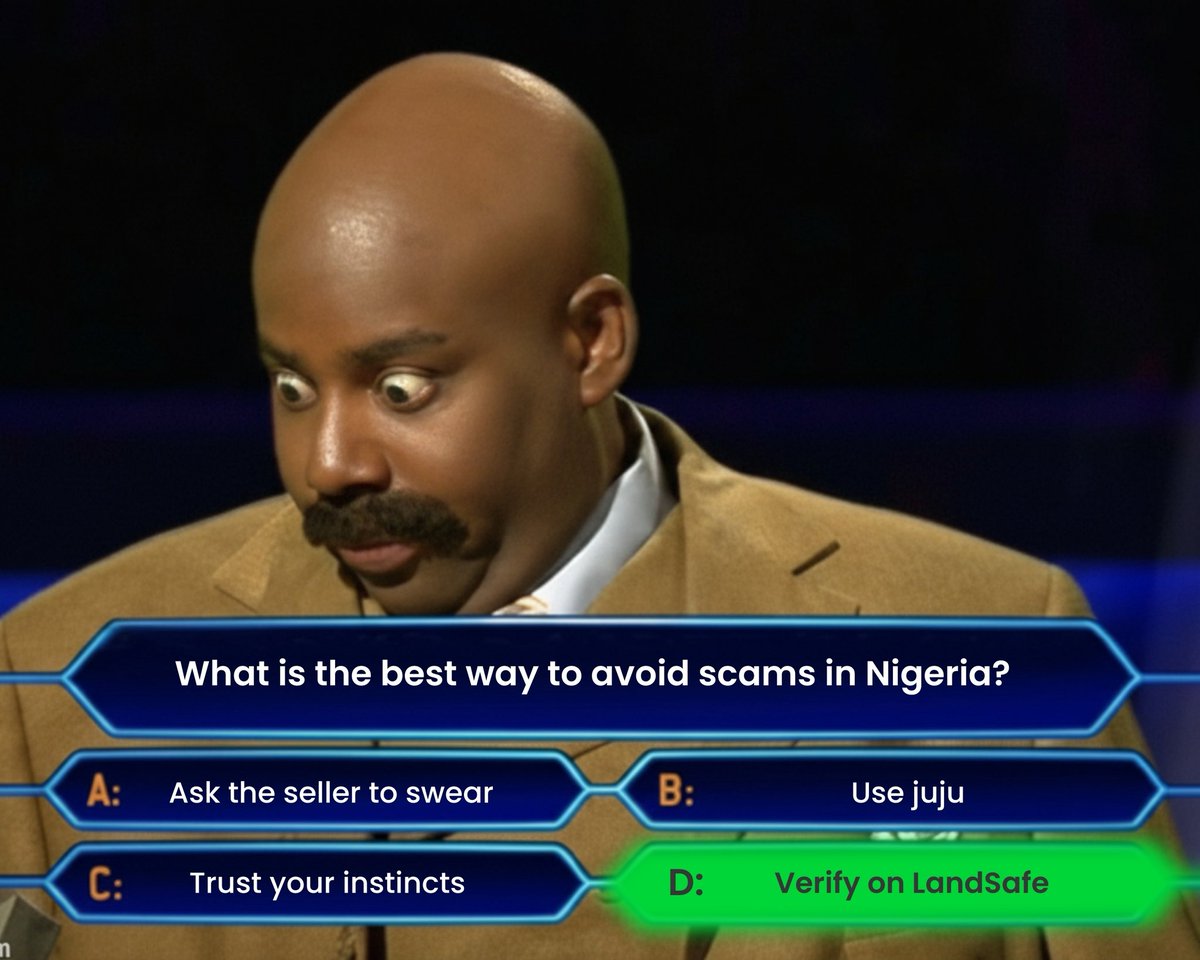 landsafe_ng's tweet image. Who Wants To Be A Millionaire Landowner?

Get this question right and win yourself freedom from land problems for life! 
You may want to phone a friend who we’ve served before. 
The answer’s the same!
LANDSAFE 🛡️ 

#propertyverification 
#propertyinvestments 
#landsafeng