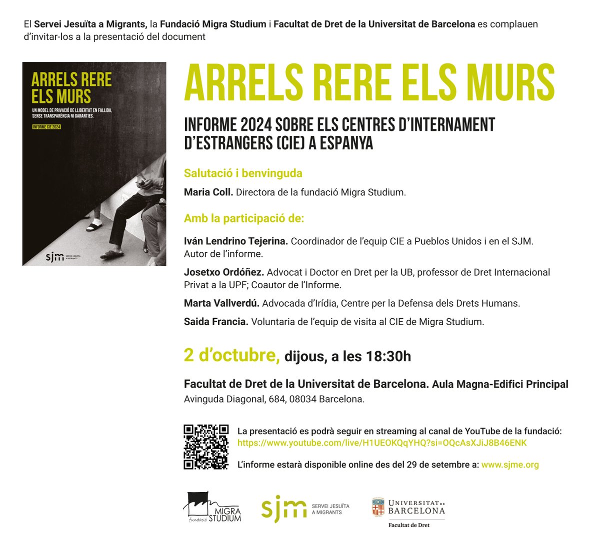 También presentamos el informe #CIE2024 'Raíces tras los muros' en #Barcelona:
📅2 de octubre
⌚️18.30 h
📌Facultad de Derecho de la <a href="/UniBarcelona/">Universitat de Barcelona</a>

Organiza <a href="/MigraStudium/">Migra Studium</a>, todos los detalles del acto a continuación 👇