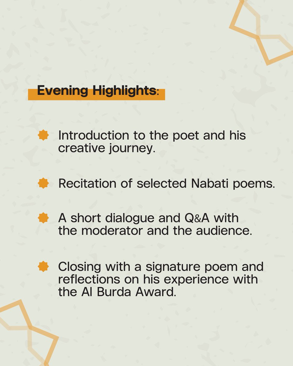 ✨ Immerse yourself in the beauty of Nabati poetry at Al Burda Poetry Night.
Join us as poet Ali Al Qahtani takes the stage at the Abu Dhabi National Theatre, sharing his verses, journey, and reflections on the art of poetry.

📍 Abu Dhabi National Theatre
📅 Sunday, 21 September