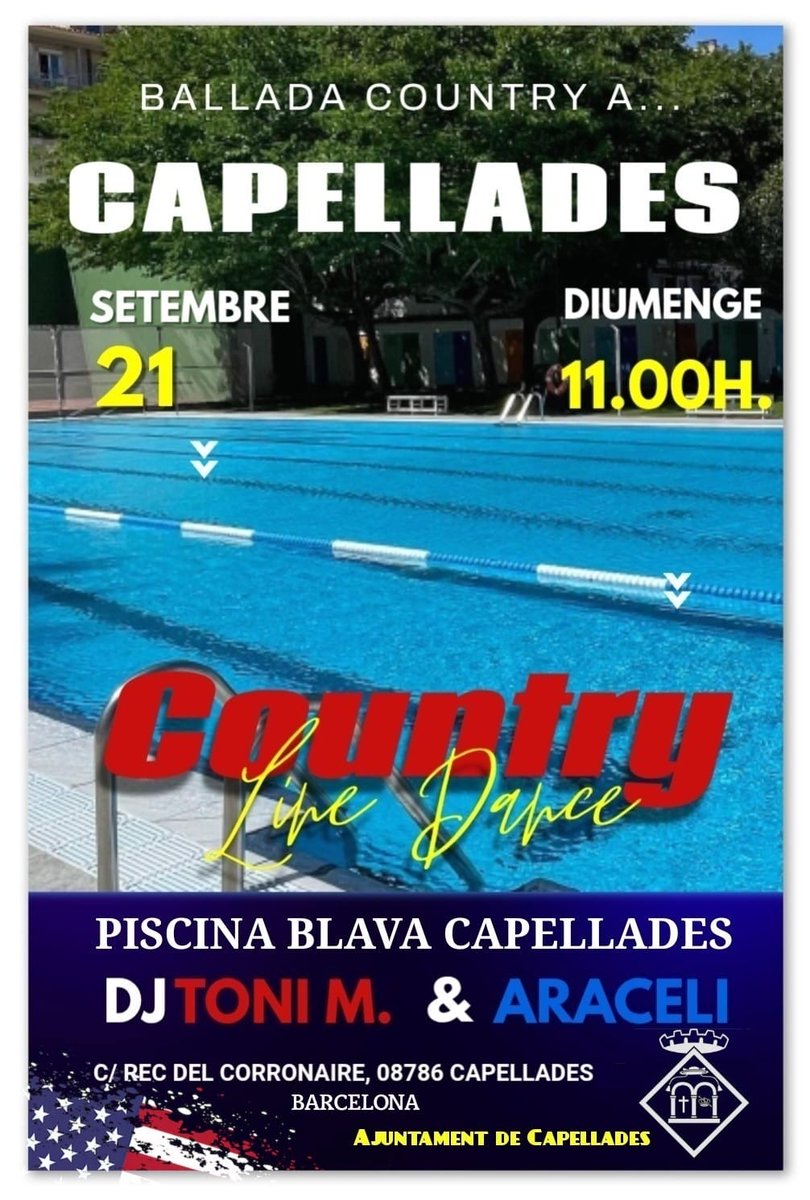 Aquest diumenge és el darrer dia de la temporada de bany d'aquest estiu a la Piscina Blava de Capellades.

Per això es farà una jornada més festiva amb una ballada country.

Vine a la Piscina Blava a les 11 del matí a passar una bona estona amb el Dj Toni M &amp; Araceli!