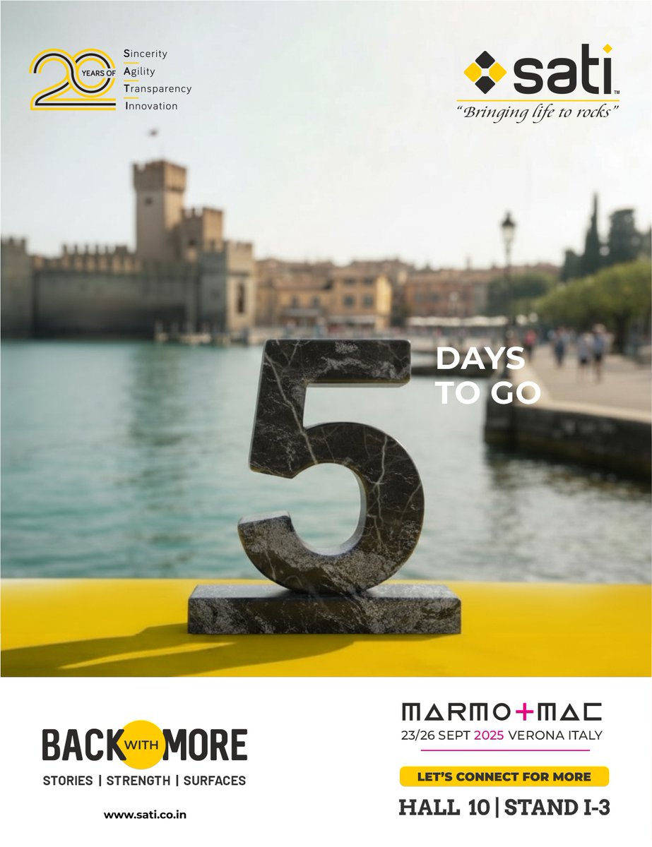 5 Days to Go! 
The wait is almost over. Join us at Marmomac 2025, Verona, 
Italy as we bring the World of Indian Granite to the global stage. 🌍💎

📍 Hall 10 | Stand I-3
📅 23–26 Sept 2025

#Marmomac2025 #BackWithMore #SatiGranites #WorldOfGranite #IndianGranite #StoneIndustry