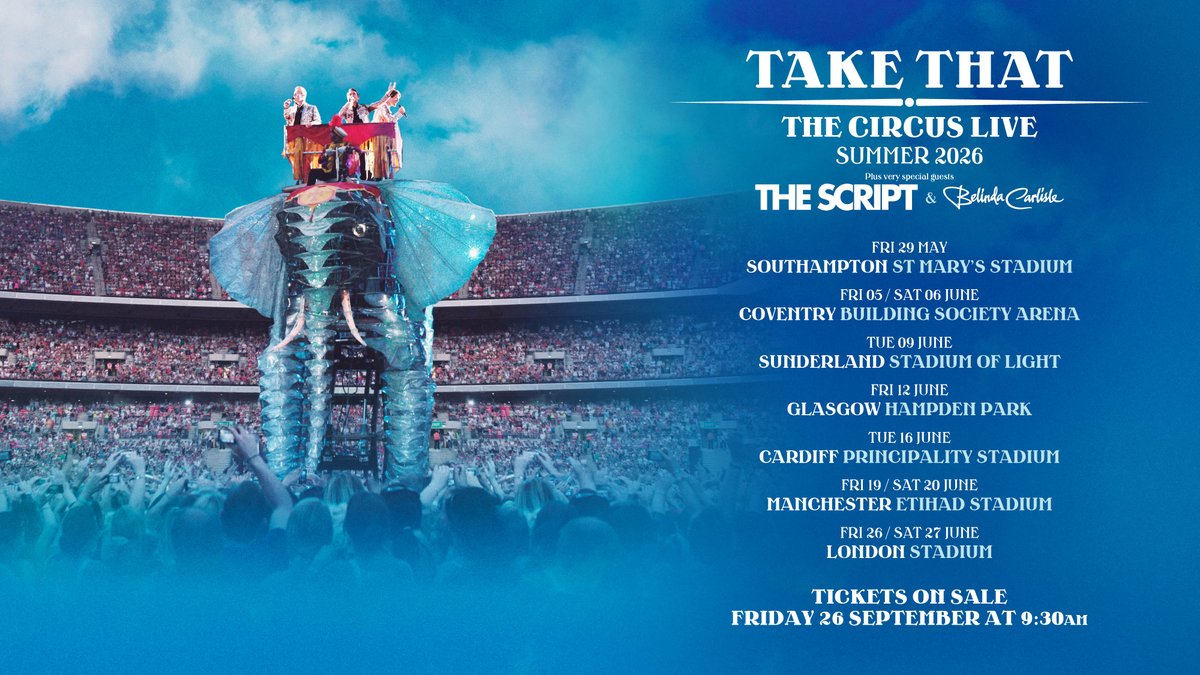 TicketmasterUK's tweet photo. 🚨THIS IS NOT A DRILL🚨The UK's biggest pop icons are back and hitting the road in 2026. Catch @takethat with special guests @thescript and @belindacarlisle next summer. Tickets go on sale next Friday >>  https://t.co/IiGEzOeiWc https://t.co/I0h8ewiCo9