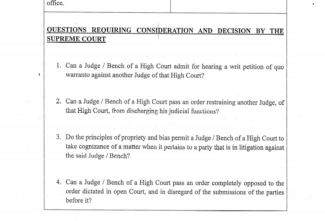Justice Tariq Jahangiri has challenged the Islamabad High Court's order wherein he is restrained to do judicial work. Justice Jahangiri has raised four legal questions before the Supreme Court for adjudication.