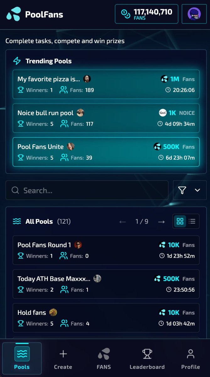 Didn't win? There's now over 115+ community created pools with prize pots in $FANS $noice $BRND $likes and more 💦  

Each pool comes with its own earning activities to mint keys unique for that pool. 

So browse pools, earn more keys, open more positions and get better without