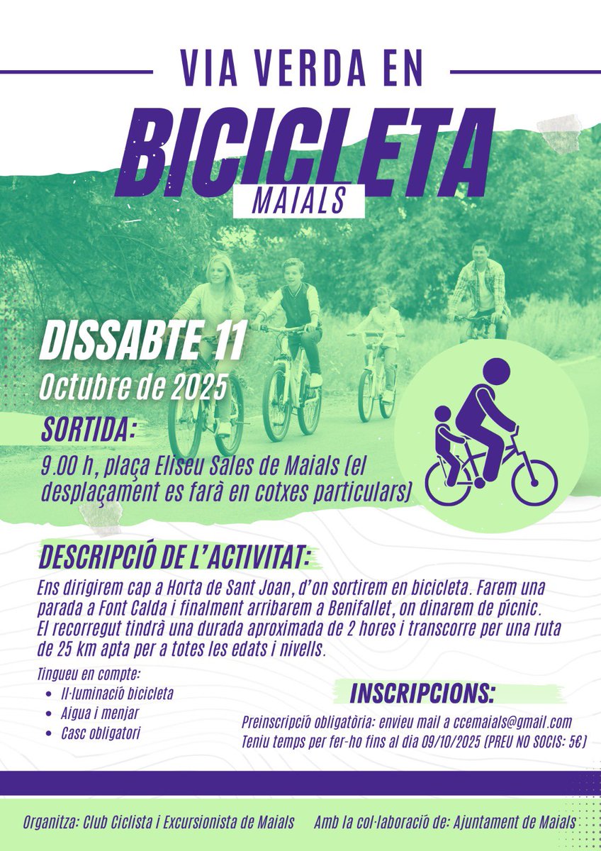🚴📆 Reserveu la data famílies! Dissabte 11 d'octubre us esperem a Maials per recórrer la via verda amb bicicleta!

📧 Us heu d'inscriure enviant un correu a ccemaials@gmail.com (fins al 9 d'octubre). 

#Maials