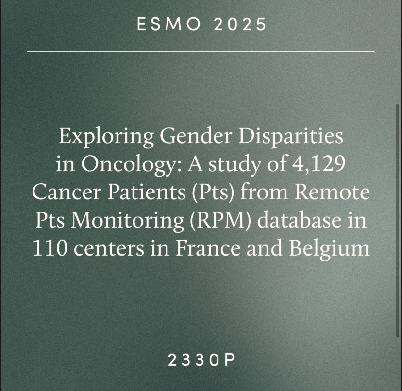 PARISImd's tweet photo. Coming soon at #ESMO25 our study on gender disparities in RPM and SDH across cancer pts in 110 centres
@Resiliencecare @barlesi @GustaveRoussy
My research is now moving towards digital solutions exploitation to study and mitigate gender-related BiAbs tox experience in NSCLC. https://t.co/qs37tNYZor