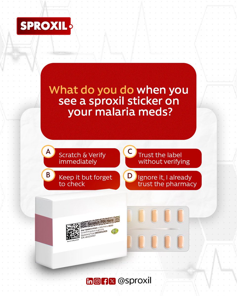 Not all meds are what they seem.
So tell us… 👀
When you see a Sproxil sticker on your malaria meds, what’s YOUR next move?

Comment below ⬇️ and let’s see how many people really put safety first.

#VerifyToConfirm #StaySafe #HealthFirst #ScratchAndVerify #SafeMeds