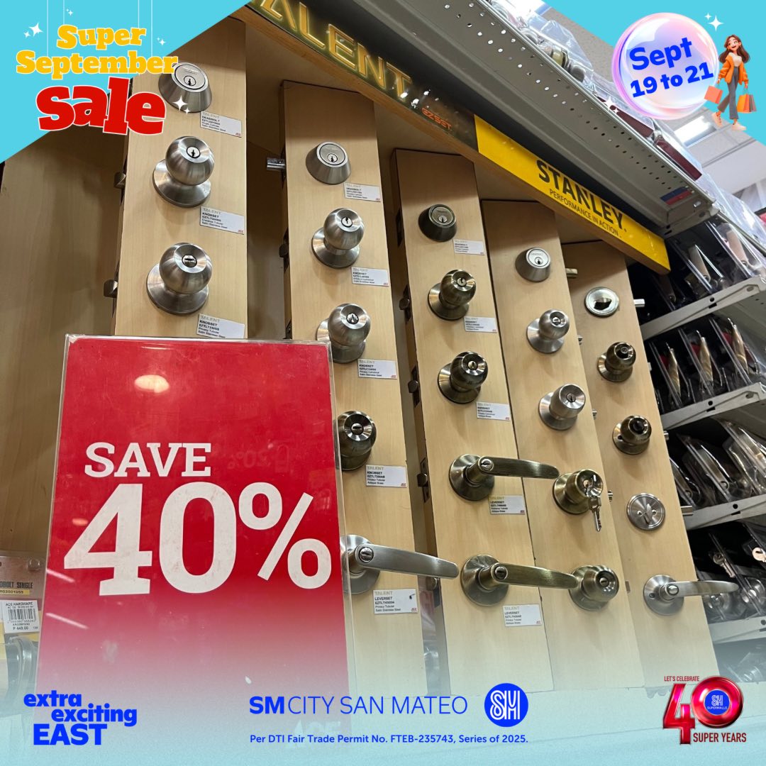 smcitysanmateo's tweet image. Gear up for the Super September Sale with ACE Hardware! Enjoy up to 50% OFF on your home and hardware must-haves from Sept. 19–21. 

What are you waiting for?
Drop by SM City San Mateo this weekend and score these amazing deals! 

#SuperSeptemberSale
#AceHardware
#SMSanMateo