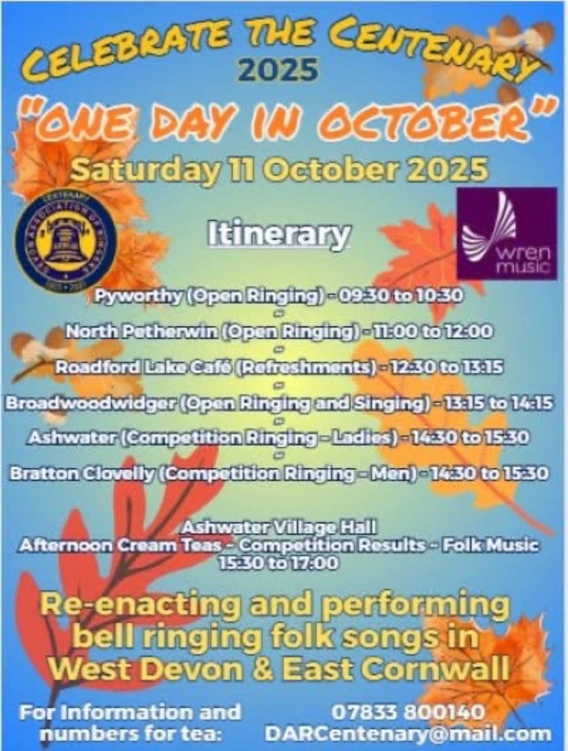 DevonBells's tweet image. ‼️ Contact us to book in for this fabulous event ‼️

Let us know if you're ringing, coming for lunch and/or tea, where we will be presenting the prizes and learning folk songs with Wren Music. 

See you there! 
DARCentenary@mail.com
￼07833 800140
🔔🎶🔔🎶🔔🎶🔔🎶🔔
#DARCentenary