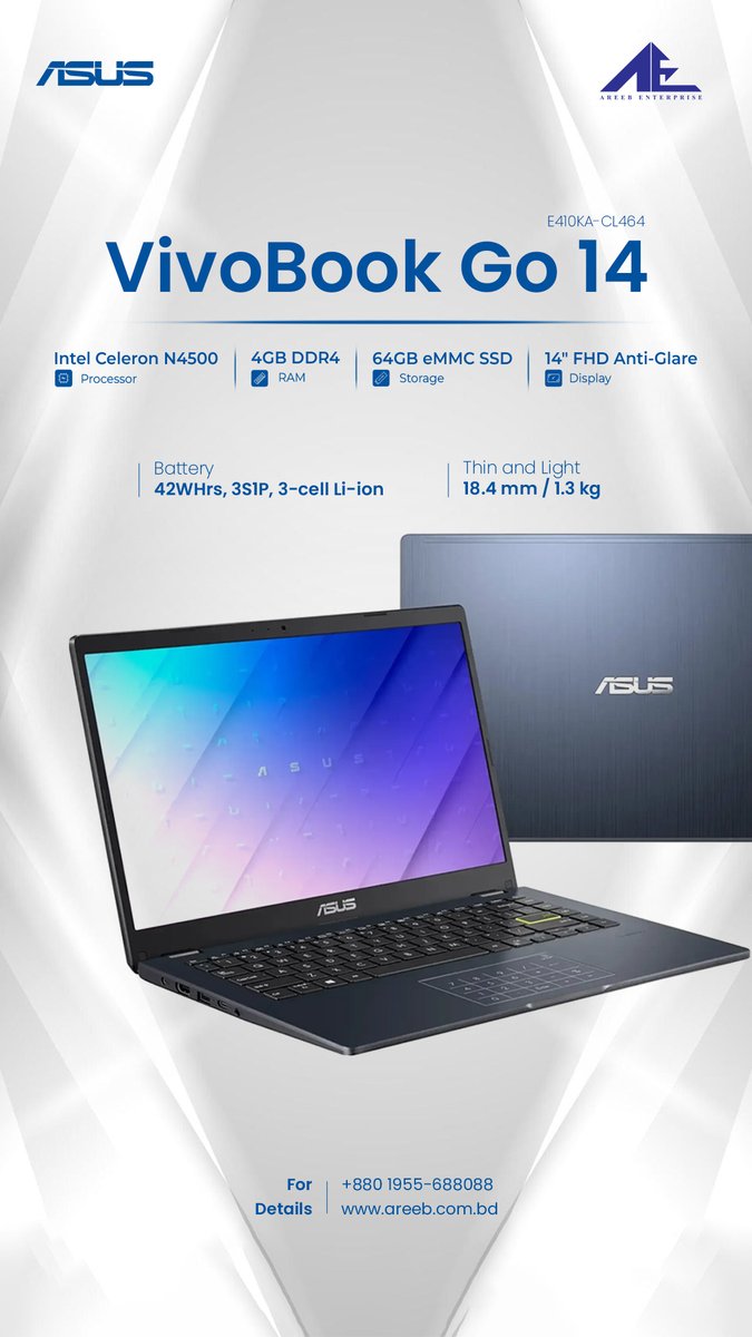 areeb88088's tweet image. 🚀 𝟐𝟕,𝟓𝟎𝟎 𝐁𝐃𝐓 𝐎𝐧𝐥𝐲! 𝐀𝐒𝐔𝐒 𝐕𝐢𝐯𝐨𝐛𝐨𝐨𝐤 𝐆𝐨 𝟏𝟒 𝐄𝟒𝟏𝟎𝐊𝐀-𝐂𝐋𝟒𝟔𝟒 𝐋𝐚𝐩𝐭𝐨𝐩 -  Lightweight Power 
  💻 N4500 | 4GB | 64GB SSD | 14&quot; FHD | Win 11
 🎁 ৳27,500 (Reg: ৳30,000)
📞 01955-688088 | 🌐 is.gd/ACL464
#AreebEnterprise #ASUSlaptop