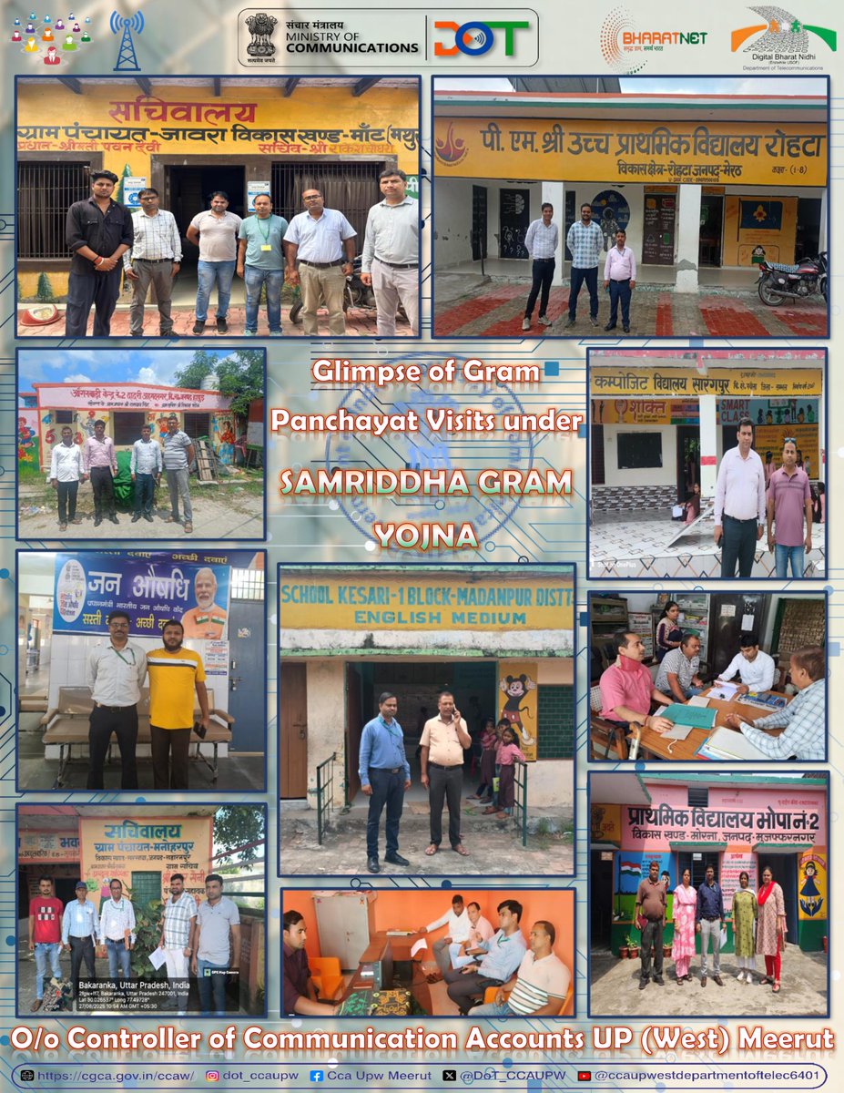 DoT_CCAUPW's tweet photo. Under the Samriddh Gram Panchayat Project Initiative of DBN, officers of CCA U.P West visited 24 Gram Panchayats to coordinate and monitor the progress of the project.  The officers interacted with various stakeholders to promote and proliferate FTTH connections in the pilot GPs. https://t.co/FKgijpYWvm