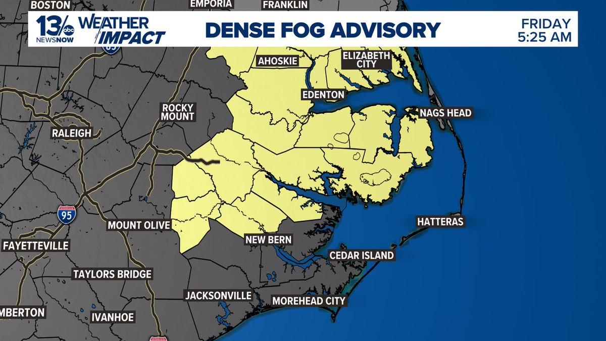 A Dense Fog Advisory has been issued for Pitt, Lenoir, Beaufort, Martin, Washington, Greene, Hyde, Craven, Tyrrell, Dare until Sep 19 10:00AM #13Weather