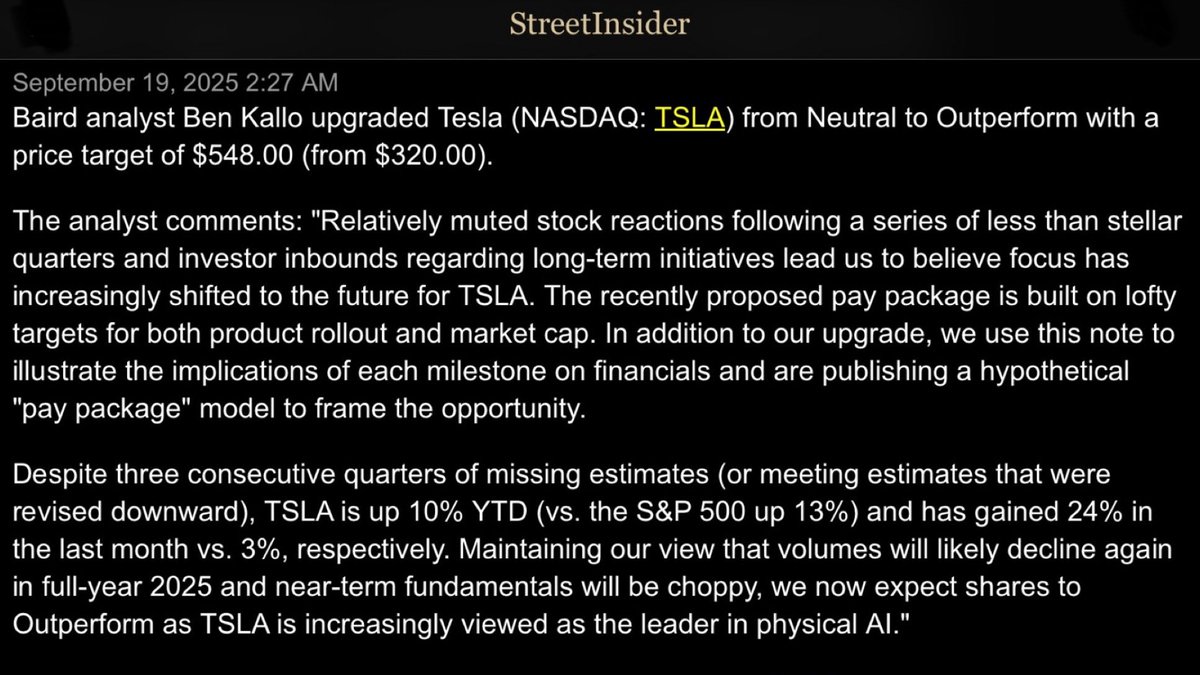 TeslaNY's tweet photo. Baird upgraded Tesla to Outperform (from Neutral) and raised the price target to $548 (from $320)! 🎯📈 $TSLA https://t.co/dihbURkDNm