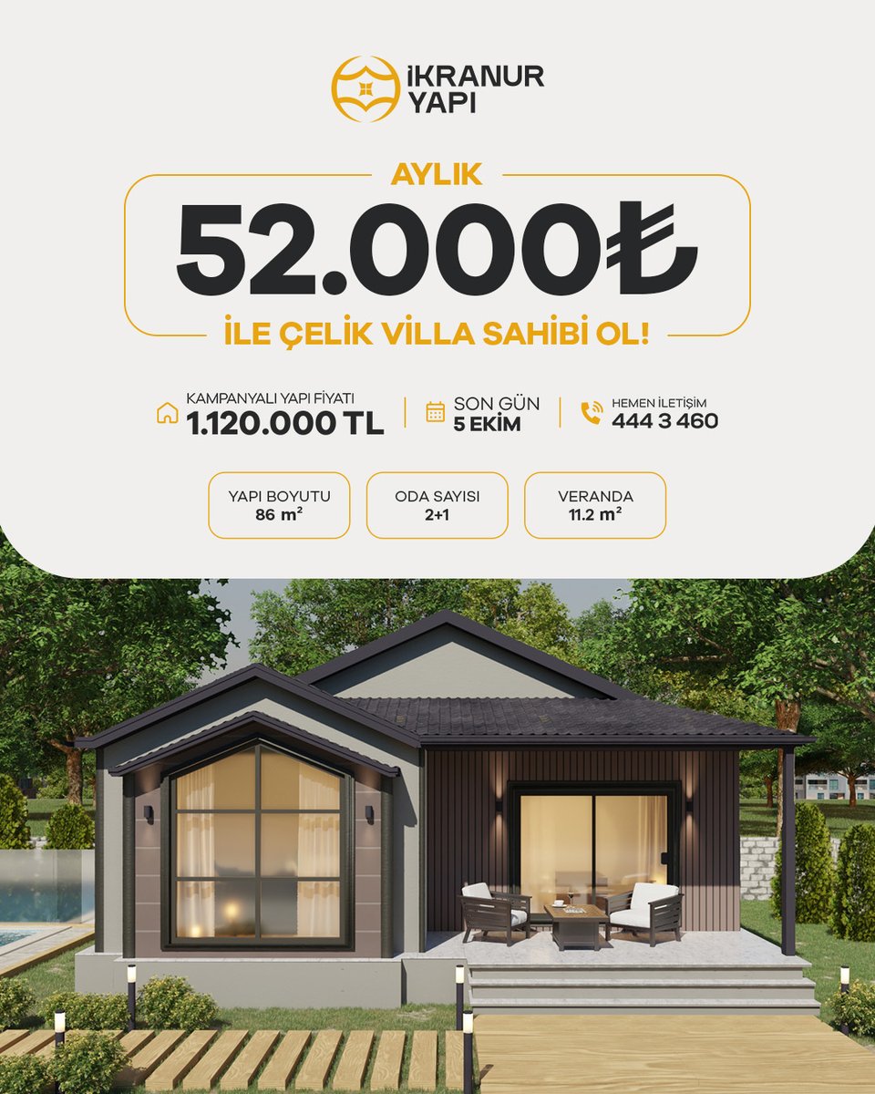 ikranuryapi's tweet photo. 📣 AYLIK SADECE 52.000₺ ÖDEME SEÇENEĞİ İLE ÇELİK KONSTRÜKSİYON VİLLA SAHİBİ OL! ✨🏡

📲 Hemen Bilgi Alın: DM yoluyla ya da 444 3 460 numaralı telefon üzerinden bize ulaşabilir, detaylı bilgi ve teklif alabilirsiniz.

#kampanya #çelik #çelikvilla #çelikyapılar #çelikyapı #villa https://t.co/TwRi6NZpfi