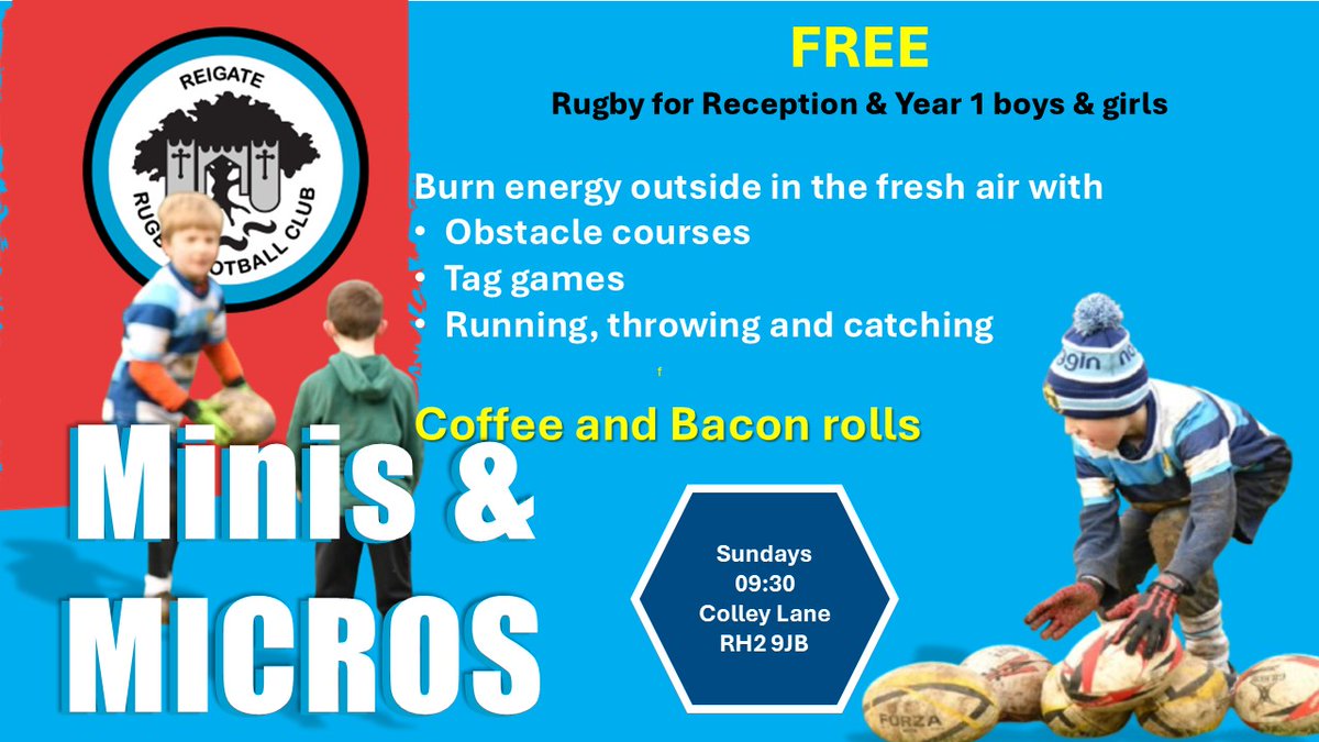 FREE rugby-themed fun for Reception &amp; Year 1 kids at Colley Lane, Reigate! Join us Sundays at 09:30 for tag-based games (no contact) to burn off energy with friends — while parents enjoy hot coffee and bacon rolls.
#reigatesclub #rugby #reigate #redhill