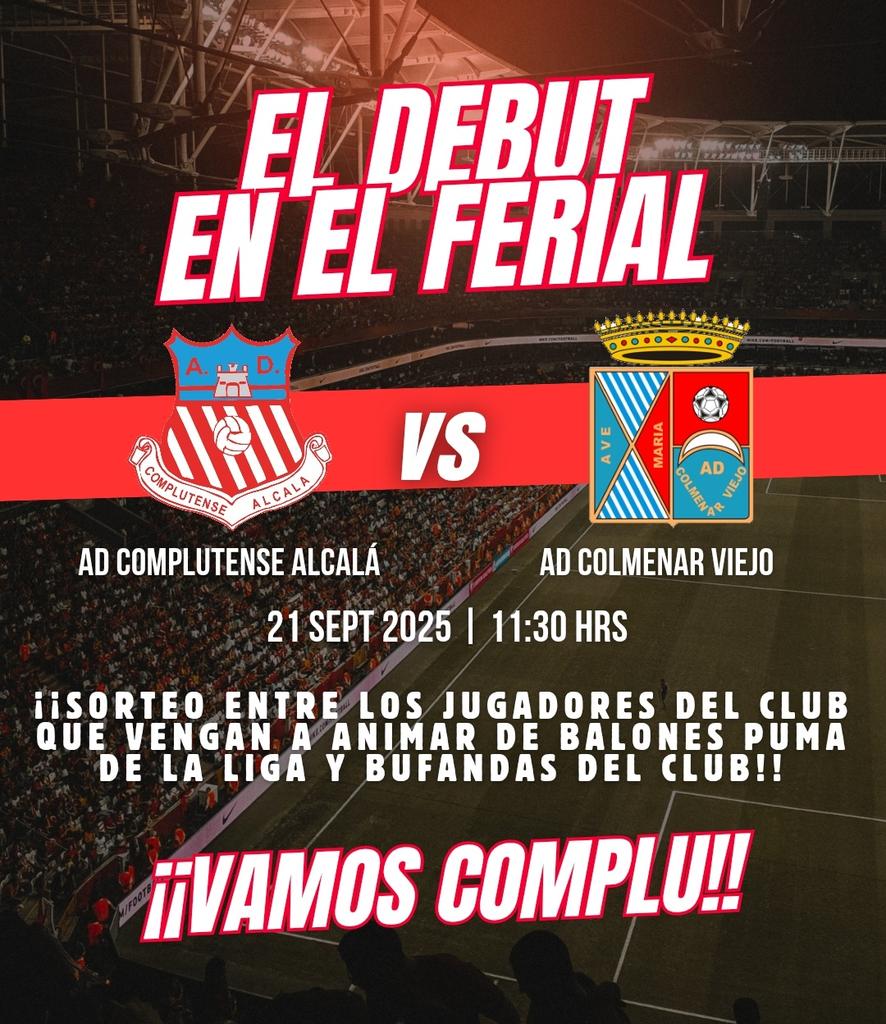 ¿¡Te lo vas a perder!? 😎

¡El primer equipo regresa al Ferial este domingo! 😍

🆚 <a href="/adcolmenarviejo/">A.D. Colmenar Viejo</a> 
⏰ 11:30h
🏰 Recinto Ferial

¡Vente a animar a los de <a href="/Andy_Al_Pe/">Andy Alvarez Perez</a> y podrás llevarte varios premios!⚽🧣

¡Juntos somos imparables! 🫶🏼

#EsaMaravillosaMinoría 🤫
#VamosComplu
🤍❤️
