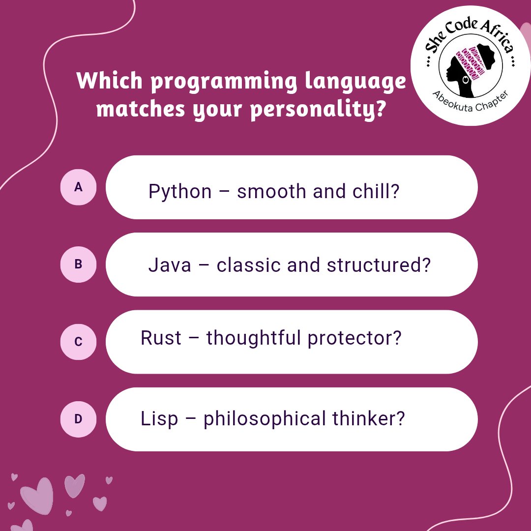 SCAabeokuta's tweet image. Which programming language matches your personality?
Letโs find out! Drop your "language match" in the comments and tag a fellow techie to play along!
๐
Which one are YOU?
#FunFriday #TechQuiz #ProgrammingFun #DeveloperLife #TechCommunity #SoftwareEngineering