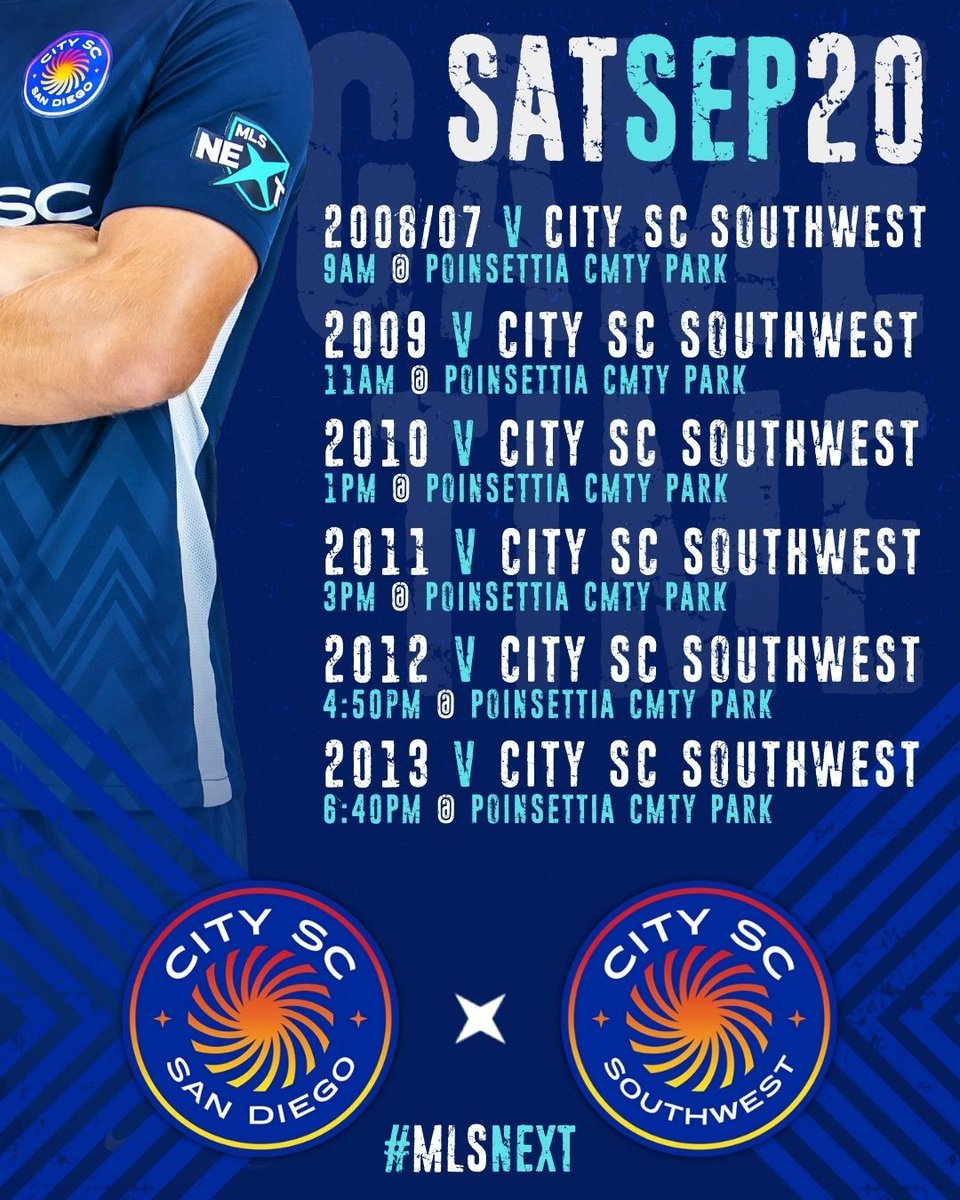 Big San Diego derby going down this Saturday at Poinsettia Park. Top-level teams...Top-level football. City vibes all day long. 👊🏽 🫶🏽

#OurCity #PlayerDevelopment #PlayerPath #BoysAcademy #SomosCity #WeAreCitySC