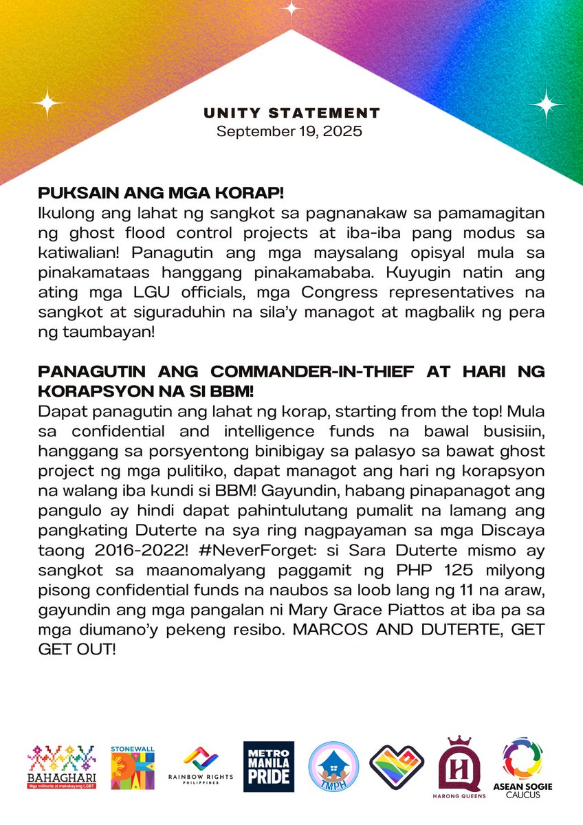 stonewall_phl's tweet photo. LGBTQIA+ PUKSA (Pilipinong Umaalsa Laban sa Korapsyon at Maruming Sistema) Unity Statement 

#KurakotManagot #MarcosSingilin #DutertePanagutin https://t.co/svvwHIr2At