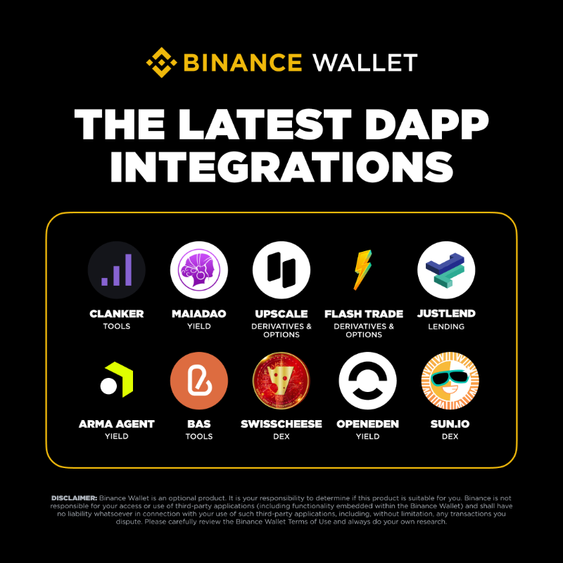 BinanceWallet's tweet photo. New integrations are now live on #BinanceWallet!

Check out the newly added dApps: Clanker, MaiaDAO, Upscale, Flash Trade, Justlend, Arma Agent, BAS, SwissCheese, OpenEden, https://t.co/O6obx03HdS

Discover them now! ⤵️