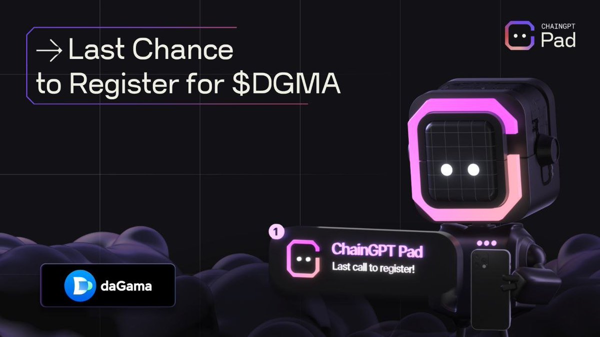 ⏰ Последний шанс зарегистрироваться на запуск daGama

Поторопитесь и оставьте заявку на участие в предстоящем лаунчдропе $DGMA.

📌 Регистрация заканчивается завтра в 10:00 UTC

📆 Даты: 22–23 сентября

➡️ pad.chaingpt.org/pools/dagama