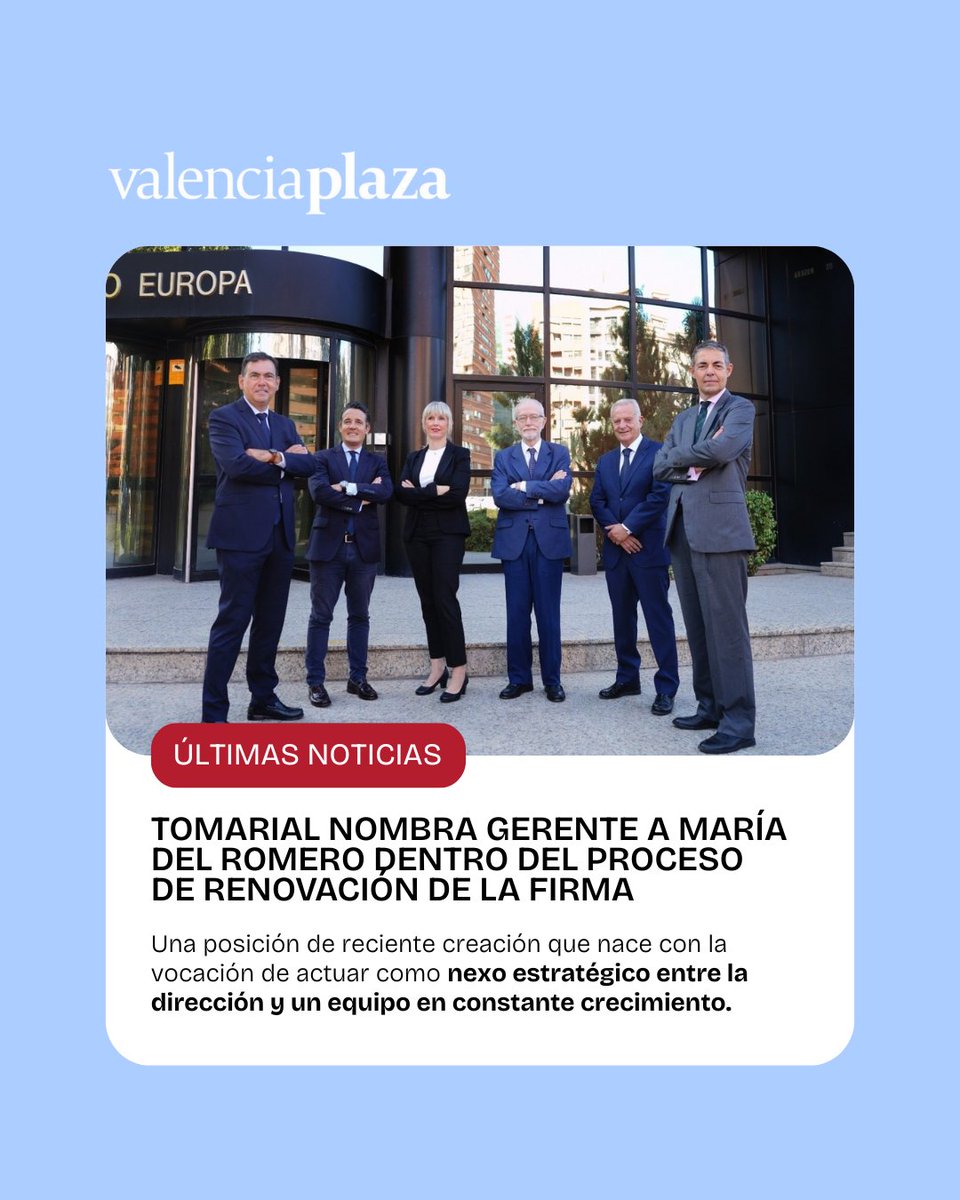 🚀 María del Romero es nombrada gerente de Tomarial Abogados Economistas Consultores, una posición de reciente creación para actuar como nexo estratégico entre la dirección y el equipo. ¡Enhorabuena María! 

#TomarialAbogados #crecimiento #nombramiento
valenciaplaza.com/valenciaplaza/…