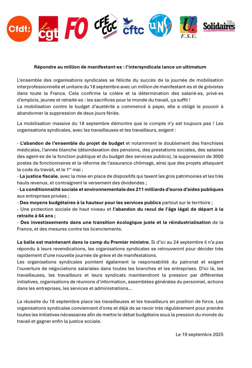CFECGC's tweet image. Face à une mobilisation historique de plus d’un million de manifestants le 18 septembre, l’intersyndicale adresse un ultimatum au gouvernement : des réponses concrètes sont attendues d’ici au 24 septembre, faute de quoi une nvlle journée de grève et de mobilisation sera décidée.