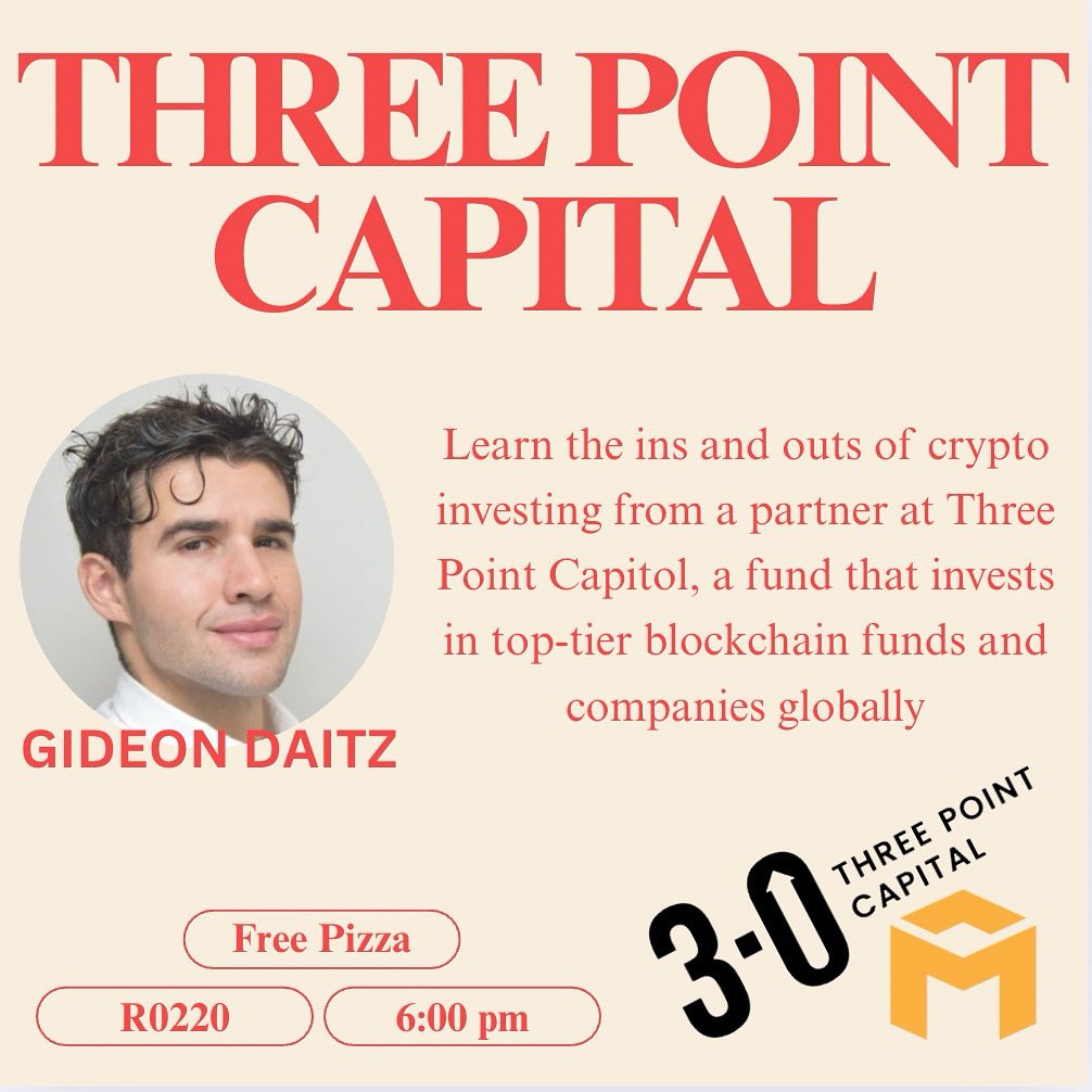 We are excited to learn from Gideon Daitz, a partner at Three Point Capitol! Join us at our first club meeting TONIGHT! Open to everyone!
R0220
6:00 pm
Free Pizza!