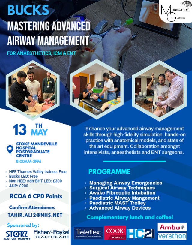 Advanced Airway Management

For Anaesthetists, ICM, EM &amp; ENT docs: RCOA CPD-accredited, hands-on, with expert ENT surgeons.

Focus: paediatric airway emergencies + complex adult airways.

Limited spots – DM/email to book.

#AirwayManagement #Anaesthesia #ENT #CriticalCare #CPD