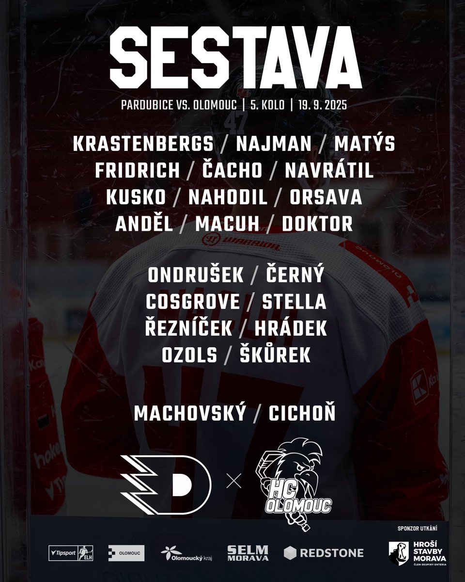 Sestava proti Pardubicím vypadá takto. 👇 Ve čtvrtém obranném páru nastoupí vedle Davida Škůrka Patriks Ozols 🔥