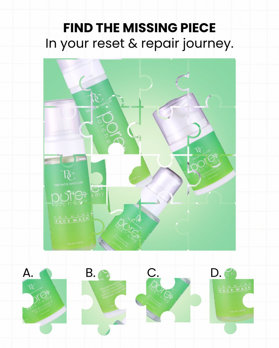 thebathandcare's tweet image. Your reset &amp;amp; repair skincare journey deserves its perfect match – and we’ve turned it into a fun little puzzle for you! 💚
Can you spot the missing piece that completes this Pore Alchemy Range?

#contesttime #giveawayalert #giveaway #contest #thebathandcare