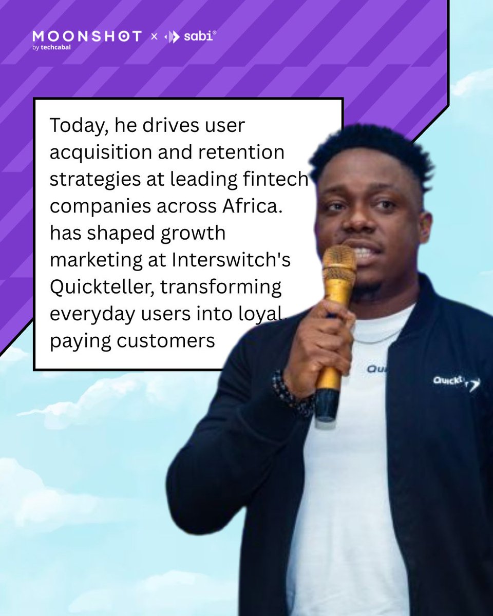 TechCabal's tweet photo. From zobo stands in Onike to scaling Quickteller's growth - Joshua Udonne @b0uncingbabyb0y knows how to turn users into loyal customers.

And honestly? The man's got the receipts.

At Paga, his campaigns didn't just meet targets, he crushed them by 3x. Now he's driving growth at Interswitch and passing down knowledge through his daily LinkedIn articles where he breaks down growth strategies that actually work. 
Today, we celebrate him as our Tech MVP of the week. 🌟

Want to learn from Joshua and other brilliant minds building Africa's tech future? 

Moonshot by TechCabal this October is where you need to be. Visit https://t.co/XAoAlrRUwx or the link in our bio to book your spot now.

#MoonshotbyTechCabal #BuildingMomentum #Moonshot2025