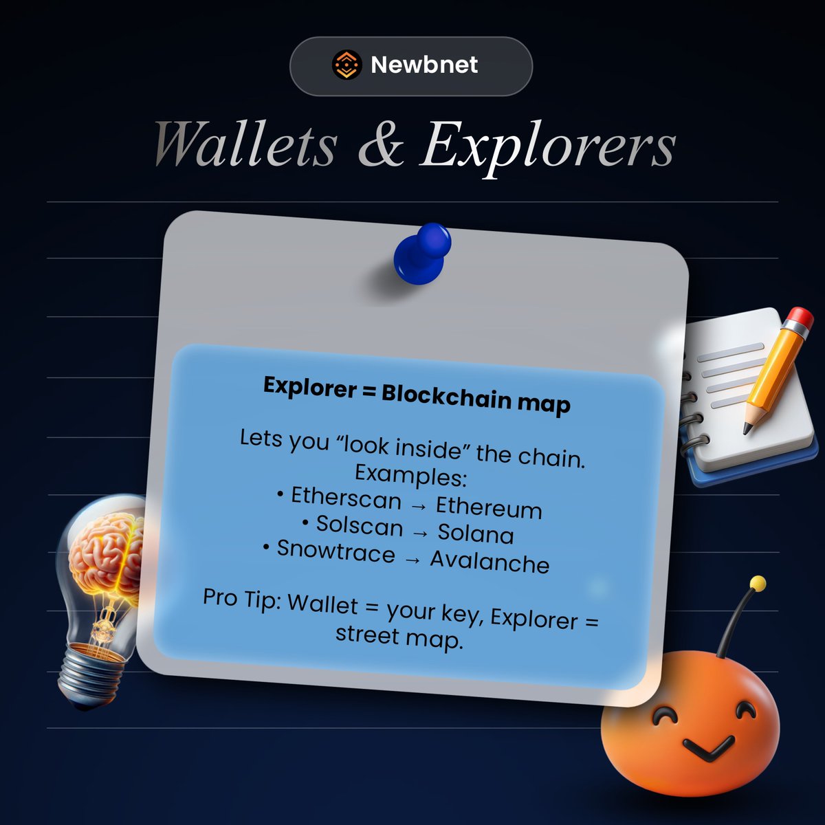 newbnet_'s tweet image. It’s Day 5 of the  Newbnet Flashcard Series (Blockchain Season)
Here goes your 30-second read ⏱️

Today let’s learn briefly about wallets and explorers 

Tell us your favorite wallets in the comment section😅.. We will go first..

#wallet #web3education #newbnet